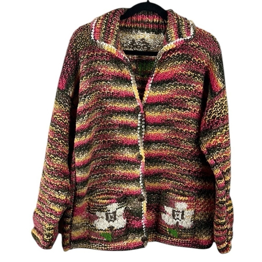 Boho Tight Hand Knit Wool Floral Trim Button Down Sweater Cardigan Coat Size XL